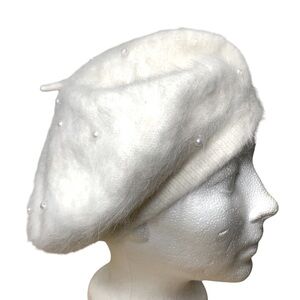 Ladies Cream Beret Hat Fuzzy Angora Wool Women O/S Pearl Beads Coquette Girl
